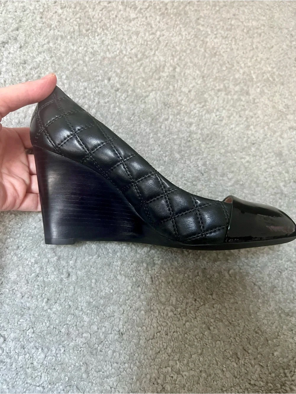 Tory Burch Quilted Patent Cap-Toe Wedge Pumps-Black- 8M